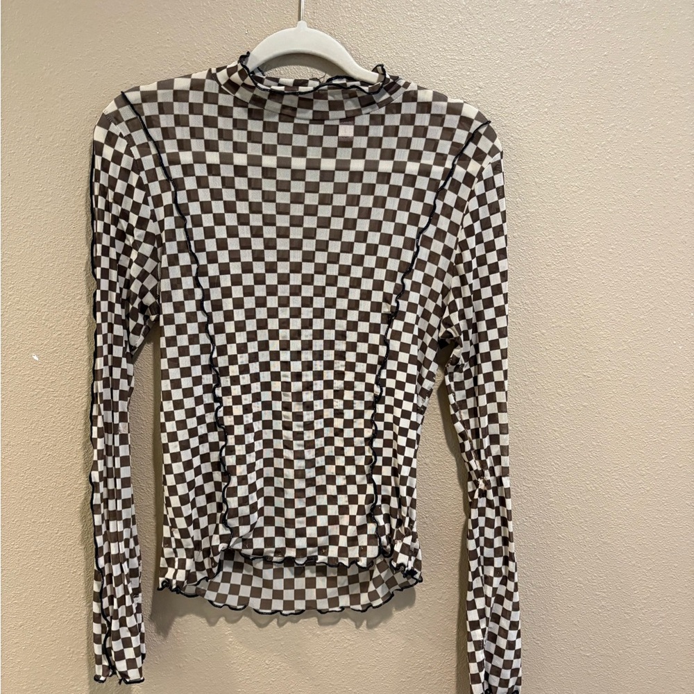 Checkered Long Sleeve Top Sheer